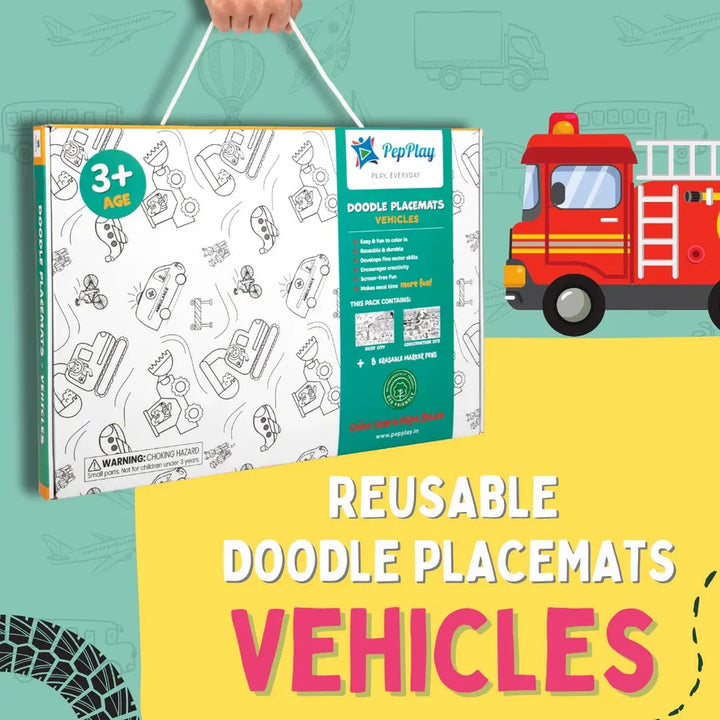 PepPlay Doodle Placemats - Vehicles Series | Reusable Colour & Learn Fun