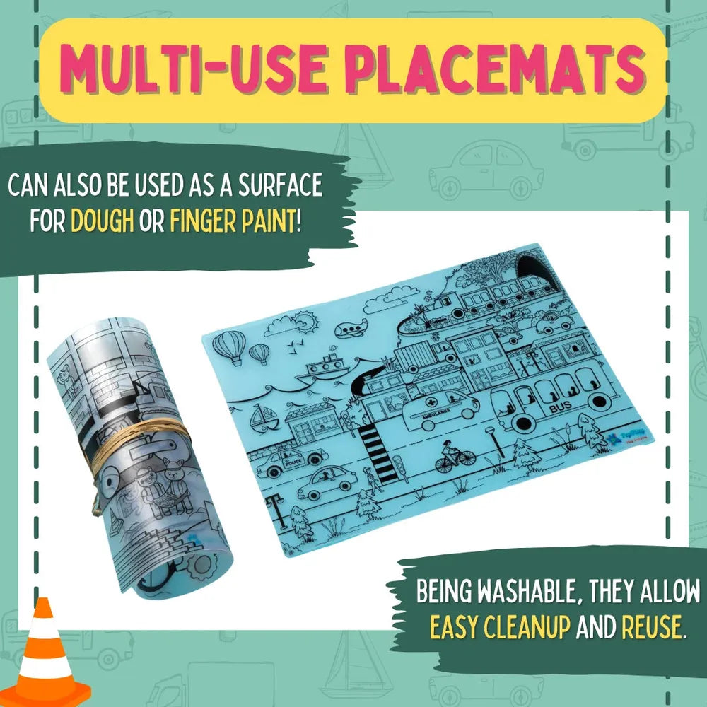 PepPlay Doodle Placemats - Vehicles Series | Reusable Colour & Learn Fun