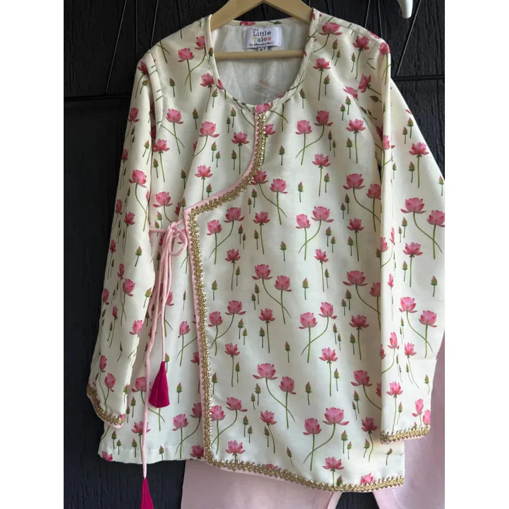 The Little Tales Off White Lotus Print Kurta Pyjama Set