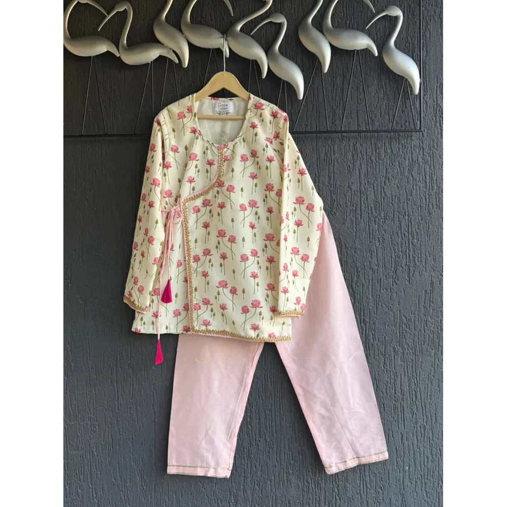 The Little Tales Off White Lotus Print Kurta Pyjama Set