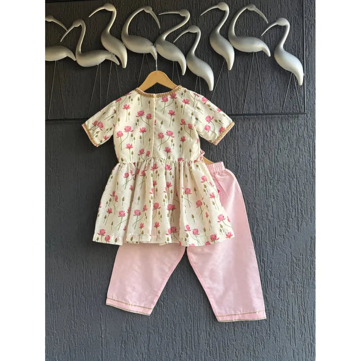 The Little Tales Off White Lotus Print Angrakha Set
