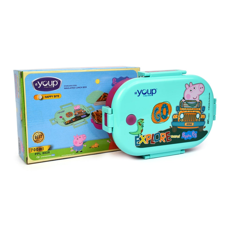 YOUP Stainless Steel Green Color Peppa Pig Theme Kids Lunch Box HAPPY BITE - 750ml