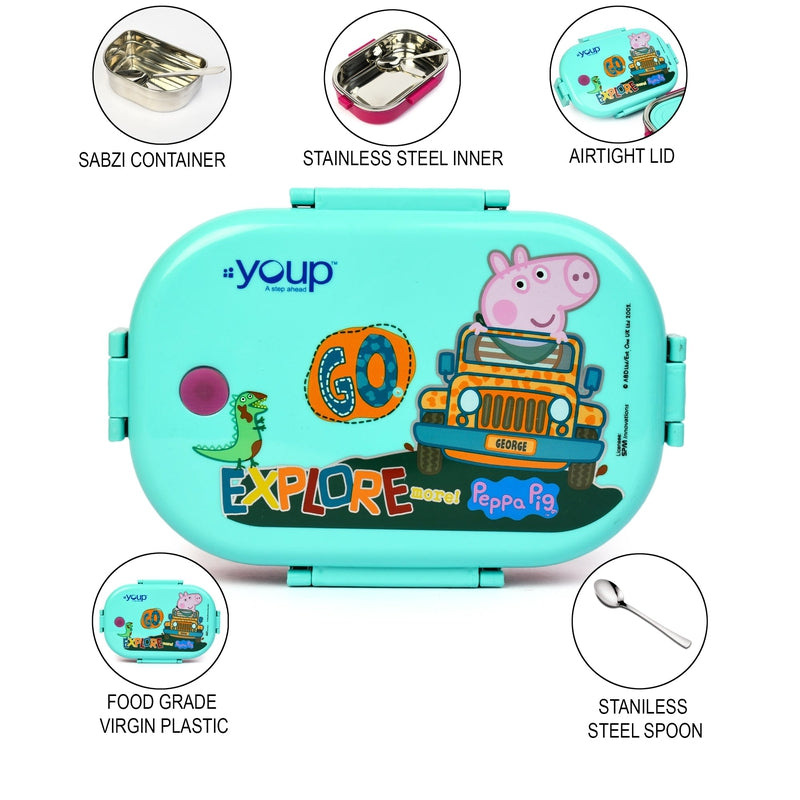 YOUP Stainless Steel Green Color Peppa Pig Theme Kids Lunch Box HAPPY BITE - 750ml