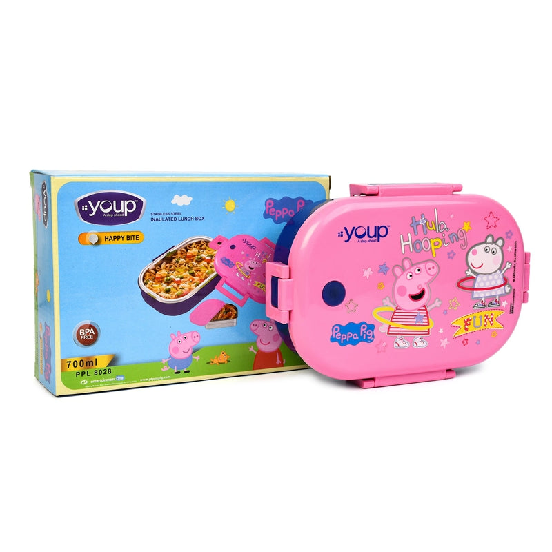 YOUP Stainless Steel Pink Color Peppa Pig Theme Kids Lunch Box HAPPY BITE - 750ml