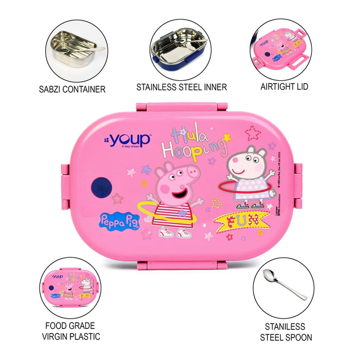 YOUP Stainless Steel Pink Color Peppa Pig Theme Kids Lunch Box HAPPY BITE - 750ml