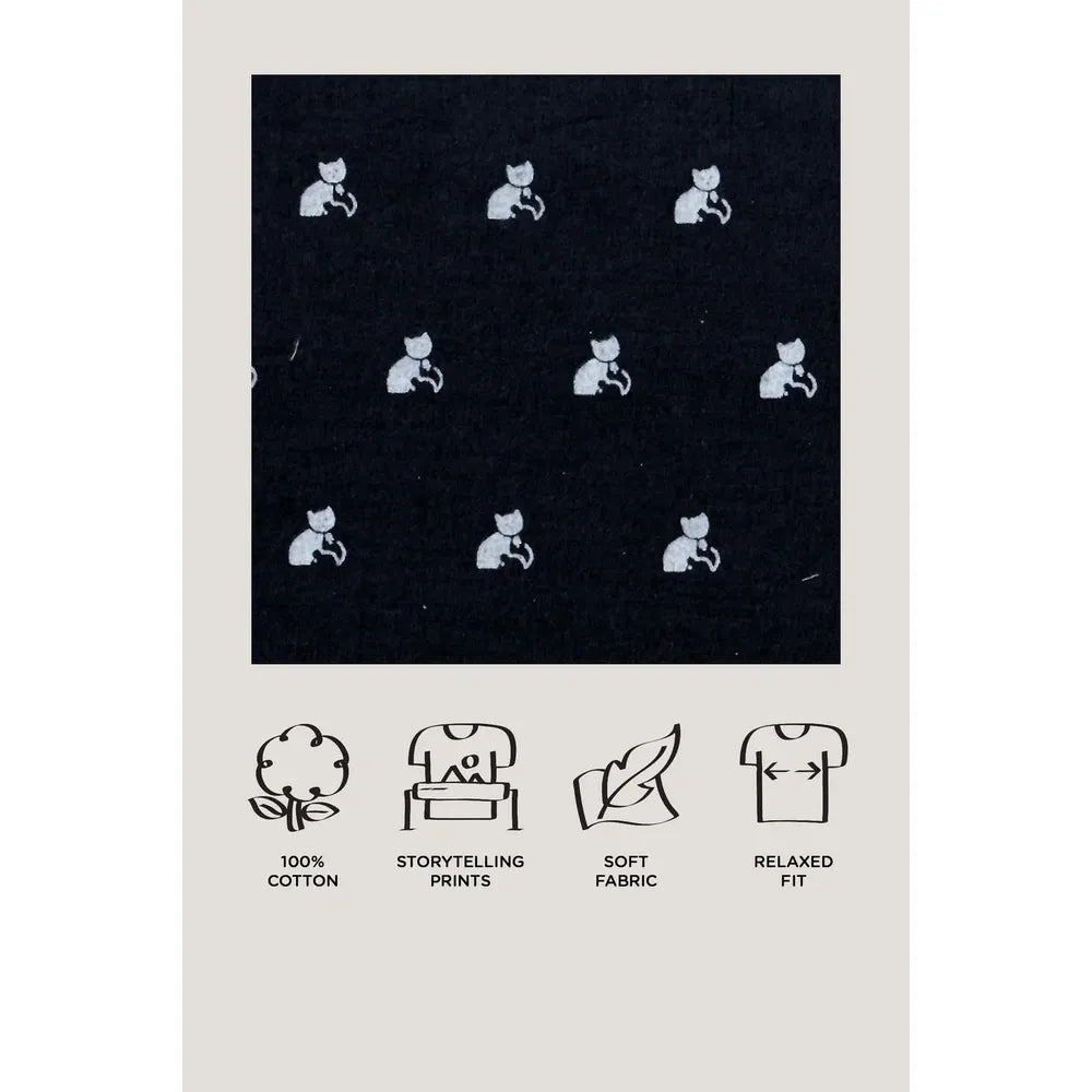 Story Tailor Bell The Cat - Boys Kurta Pajama Set | Black (6-12 Months)