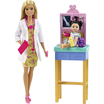 Barbie Pediatrician Playset, Blonde Doll, Exam Table, X-ray, Stethoscope, Tool, Clip Board, Patient Doll, Teddy Bear (IC)