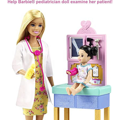 Barbie Pediatrician Playset, Blonde Doll, Exam Table, X-ray, Stethoscope, Tool, Clip Board, Patient Doll, Teddy Bear (IC)