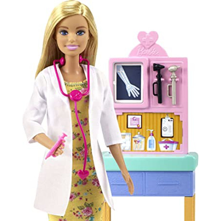 Barbie Pediatrician Playset, Blonde Doll, Exam Table, X-ray, Stethoscope, Tool, Clip Board, Patient Doll, Teddy Bear (IC)