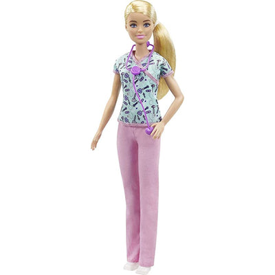 Barbie Nurse Blonde Doll (12-in/30.40-cm) with Scrubs Featuring a Medical Tool Print Top & Pink Pants, White Shoes & Stethoscope Accessory (IC)