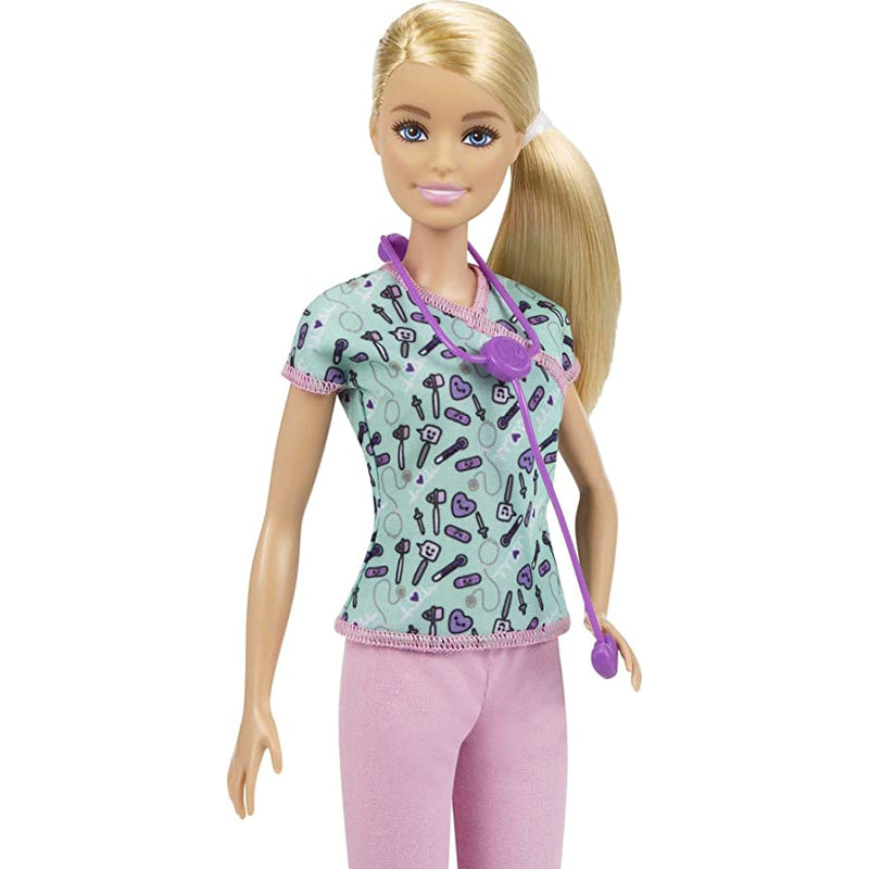 Barbie Nurse Blonde Doll (12-in/30.40-cm) with Scrubs Featuring a Medical Tool Print Top & Pink Pants, White Shoes & Stethoscope Accessory (IC)