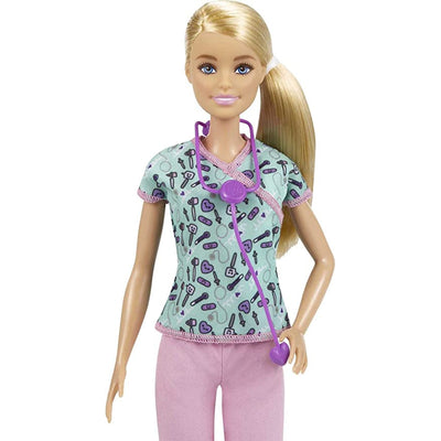 Barbie Nurse Blonde Doll (12-in/30.40-cm) with Scrubs Featuring a Medical Tool Print Top & Pink Pants, White Shoes & Stethoscope Accessory (IC)