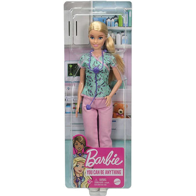 Barbie Nurse Blonde Doll (12-in/30.40-cm) with Scrubs Featuring a Medical Tool Print Top & Pink Pants, White Shoes & Stethoscope Accessory (IC)