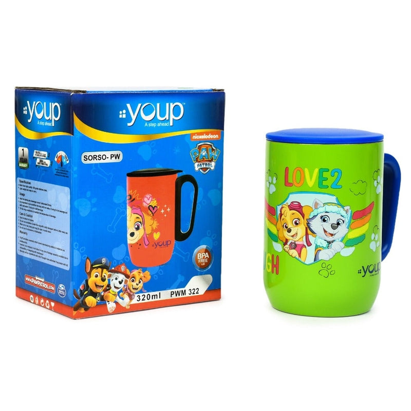 YOUP Stainless Steel Green Color Paw Patrol Mighty Pups Kids Insulated Mug with Cap SORSO-PWM - 320 ml