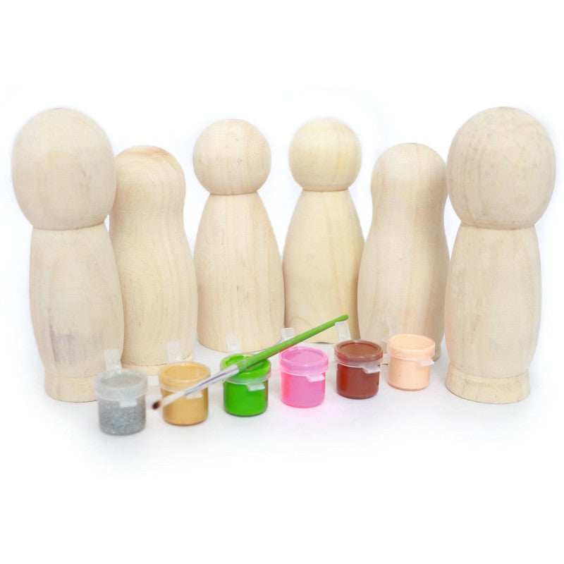 DIY Craft Kit Unfinished Wooden Peg Dolls Large Set of 6-Free Palette Paint & Brush