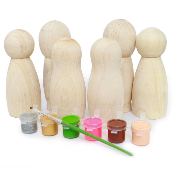 DIY Craft Kit Unfinished Wooden Peg Dolls Large Set of 6-Free Palette Paint & Brush