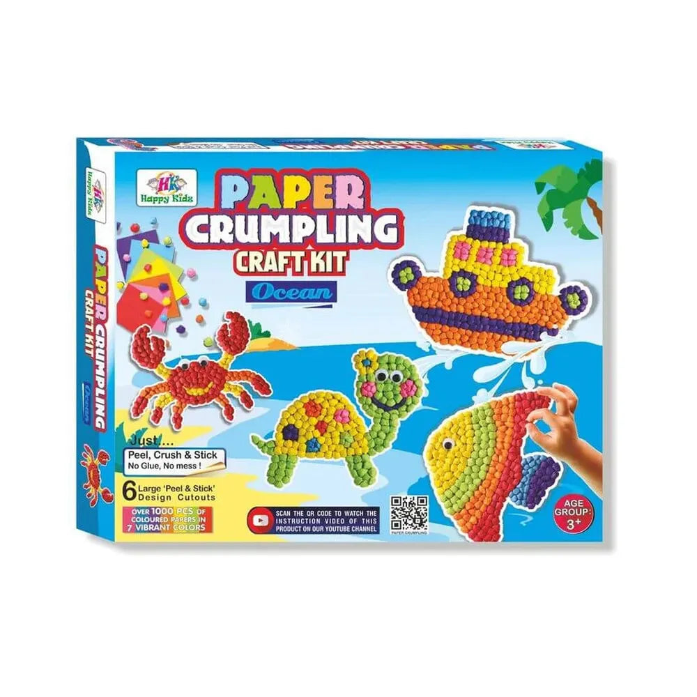 Happy Kidz Paper Crumpling Craft Kit – Ocean Theme | 6 Peel & Stick Designs | DIY Art & Craft Activity for Kids