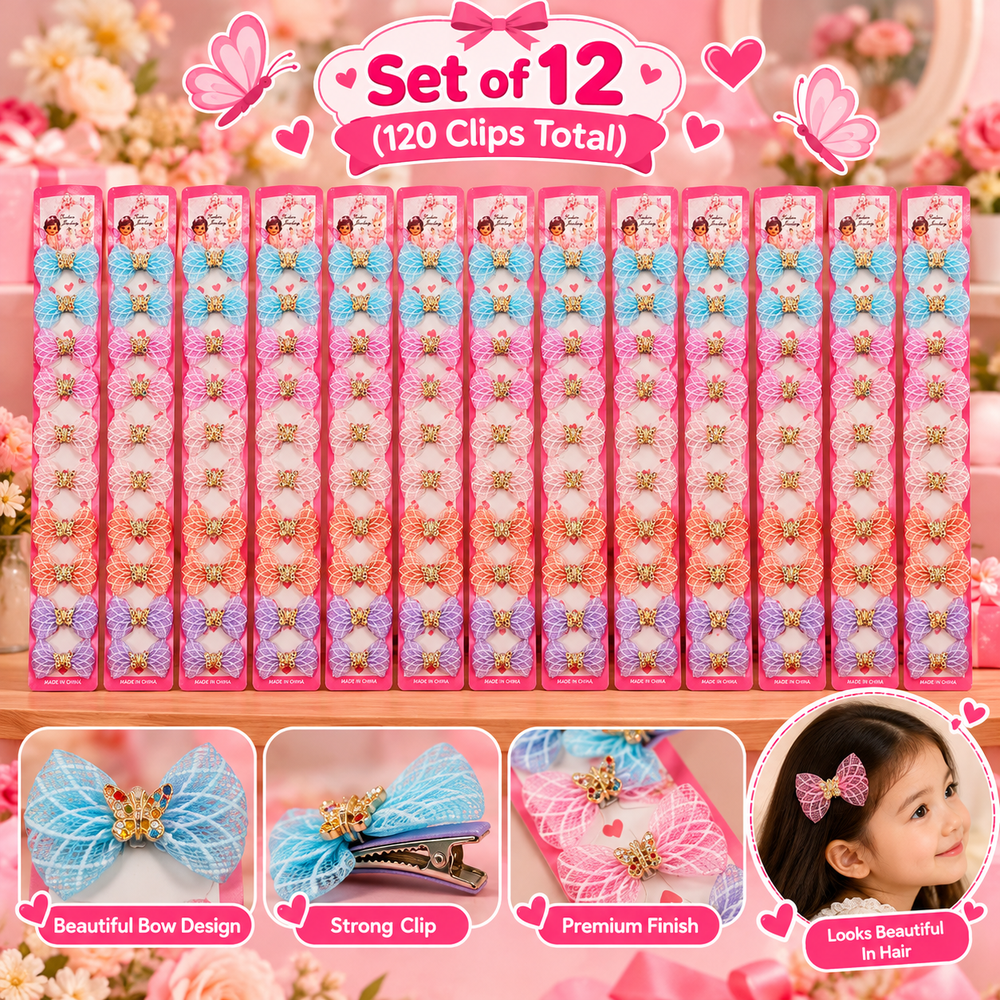 Set of 12 Net Bow Hair Clip Sets – 10 Pieces Each | Multicolour Butterfly-Decorated Hair Accessories for Girls | Kanjak Special