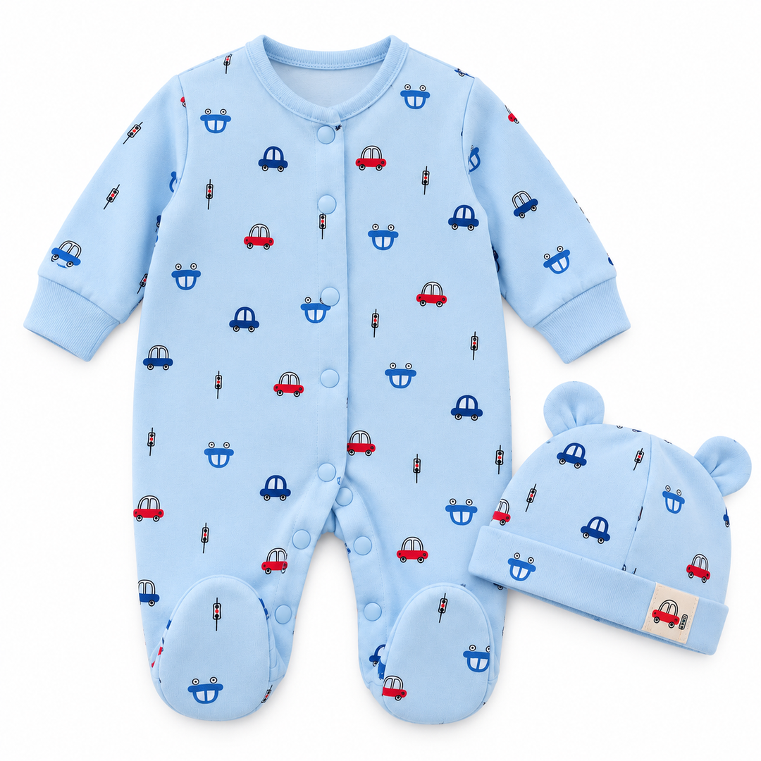 Baby Naturelle Car Design Cotton Knit Newborn Romper with Cap - Blue