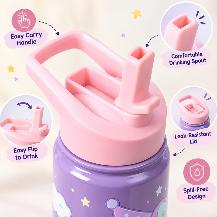 Licensed Kuromi Sipper Water Bottle for Kids - Purple | 600 ml | Stylish & Portable Bottle