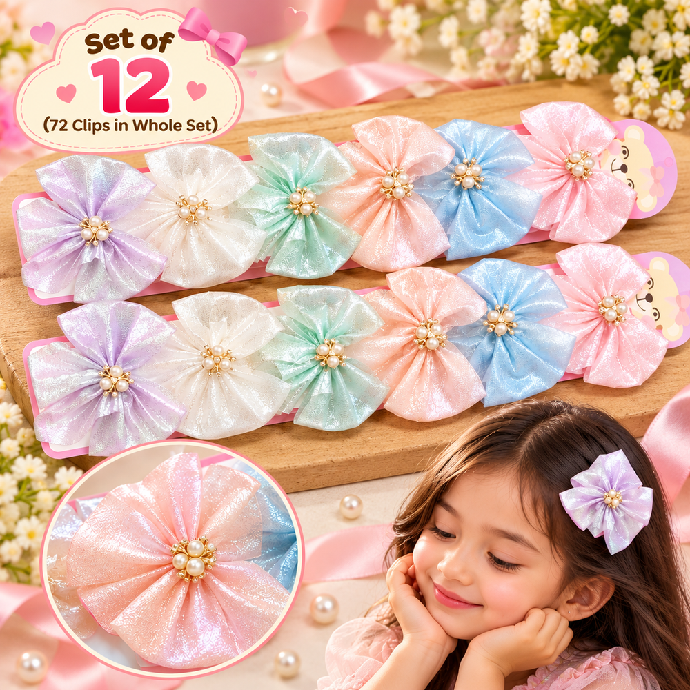 Set of 12 Bow Design Hair Clips – Assorted Colours | Cute Hair Accessories for Kanjak Gifts | Kanjak Special