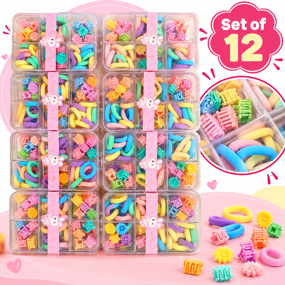 Set of 12 Small Clutchers & Rubber Bands Hair Accessories Big Boxes | Gift Box for Kanjak