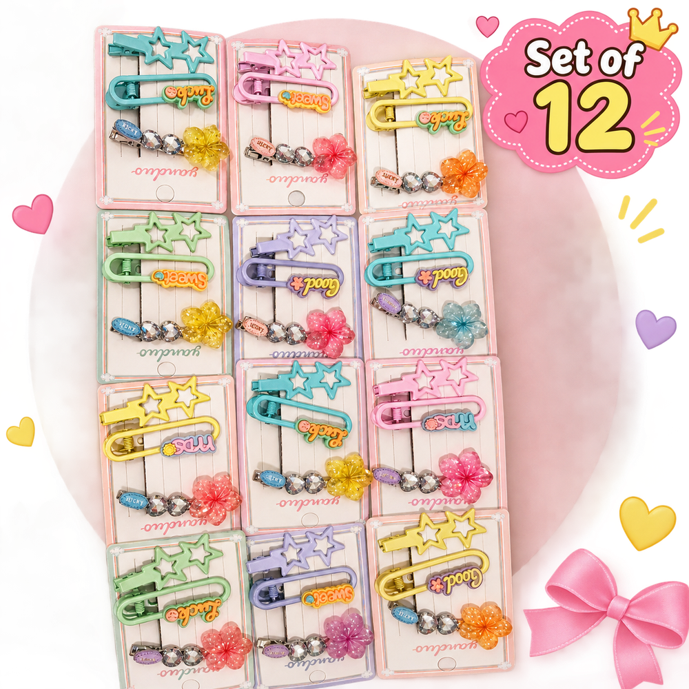 Set of 12 Crystal Flower-Design Hair Clips | Assorted Colors | Kanya Pujan Gift