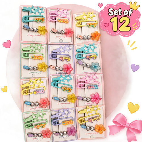 Set of 12 Crystal Flower-Design Hair Clips | Assorted Colors | Kanya Pujan Gift