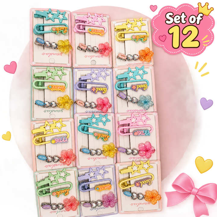 Set of 12 Crystal Flower-Design Hair Clips | Assorted Colors | Kanya Pujan Gift