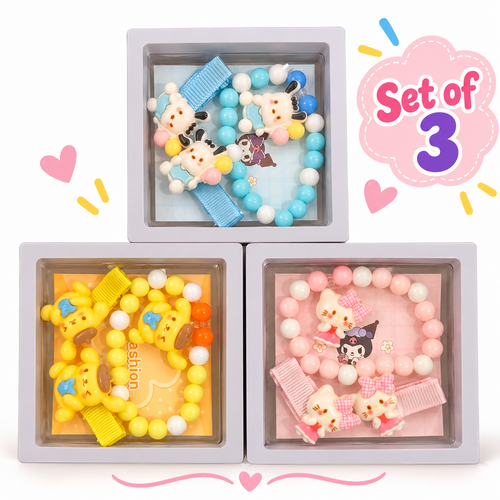 Set of 3 Bracelet Gift Boxes with 2 Hair Clips | Pink, Blue & Yellow | Kanya Pujan Gift