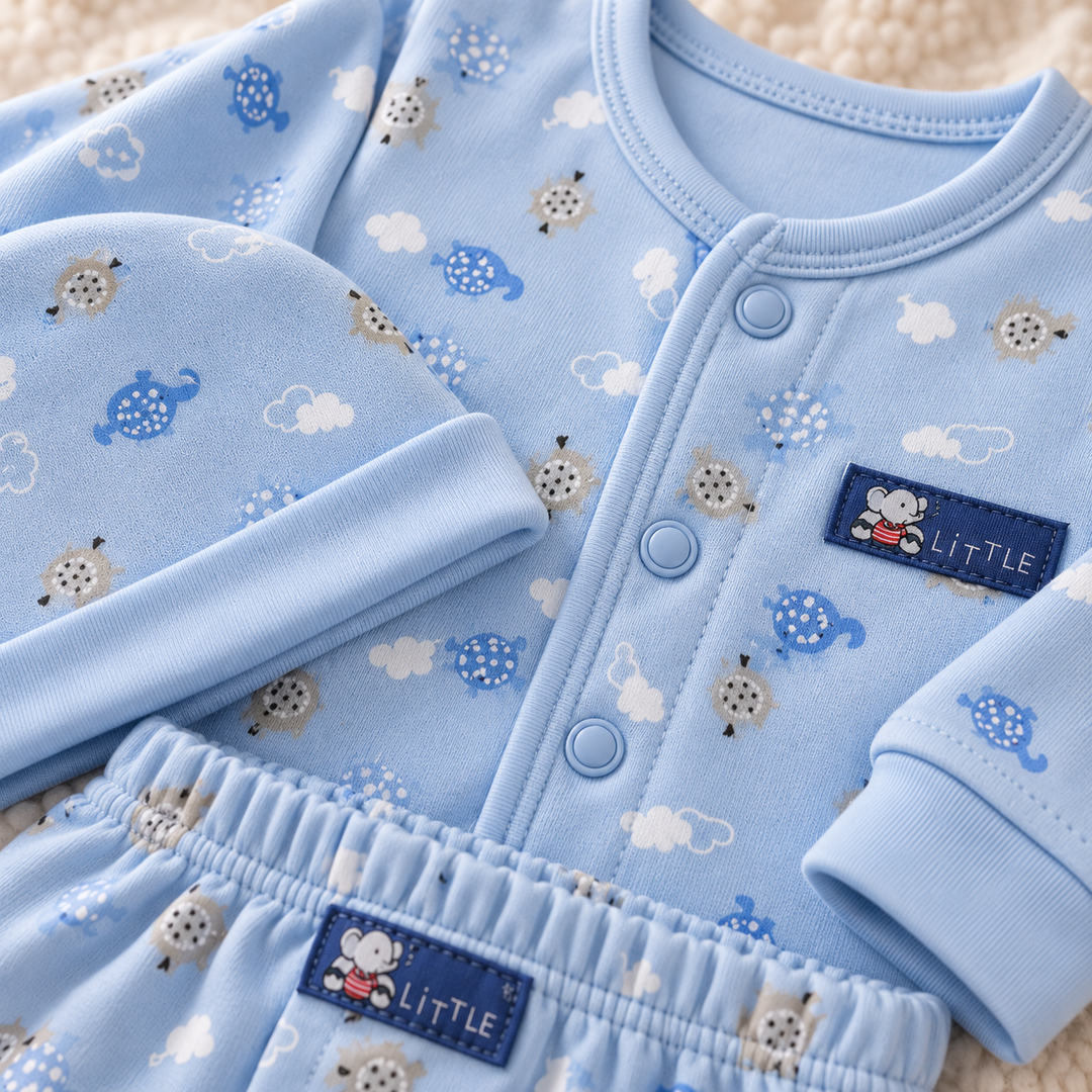 Baby Naturelle Cotton Knit Front Open Full Sleeves Co-ord T-Shirt & Pajama Suit with Cap - Blue Elephant