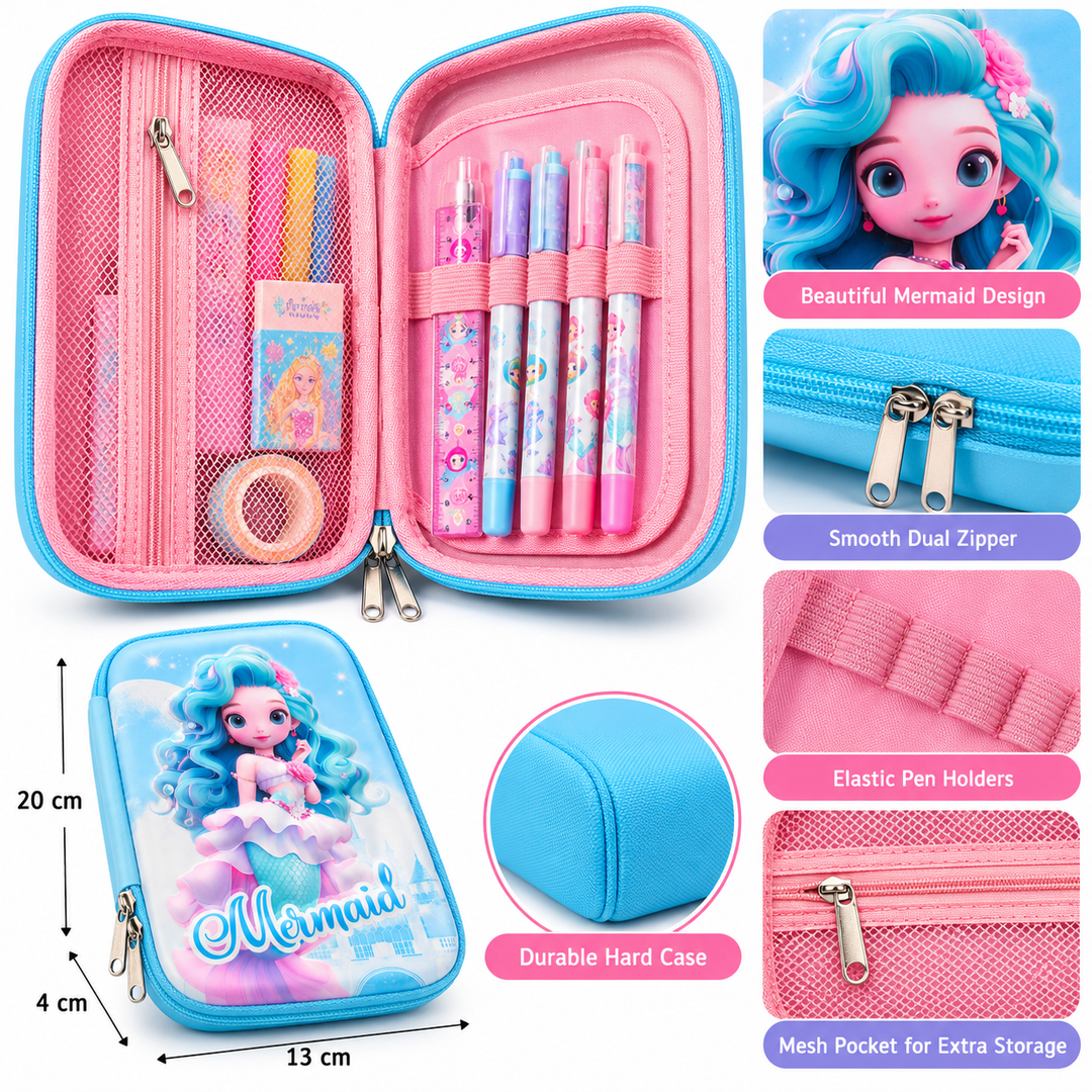 Mermaid Hardtop Pencil Case for Kids - Sky Blue