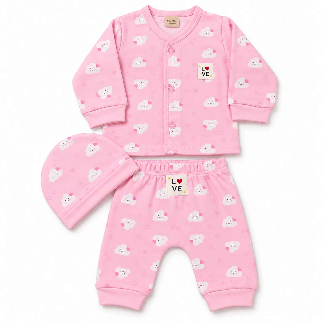 Baby Naturelle Cotton Knit Front Open Full Sleeves Co-ord T-Shirt & Pajama Suit with Cap - Pink