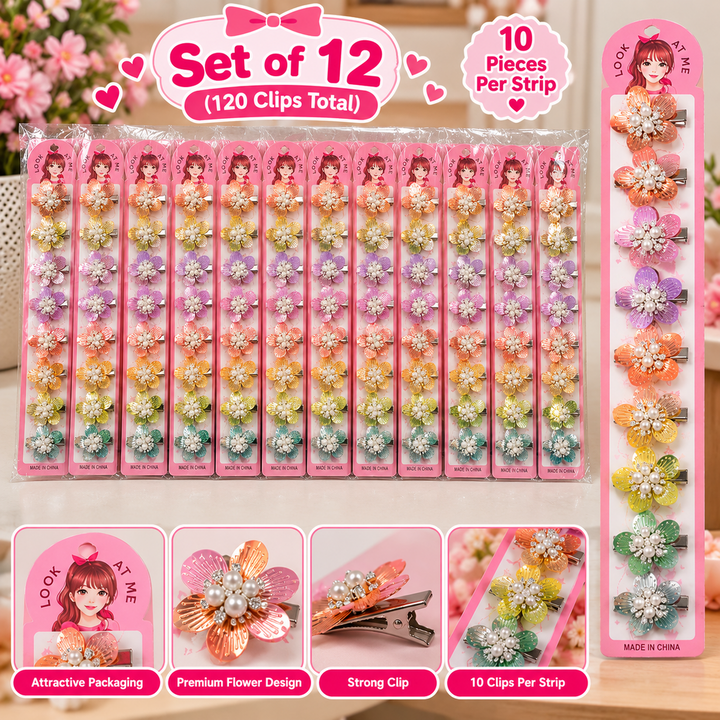 Set of 12 Steel Flower Hair Clip Sets – 10 Pieces Each | Multicolour Pearl-Decorated Hair Accessories for Girls | Kanjak Special