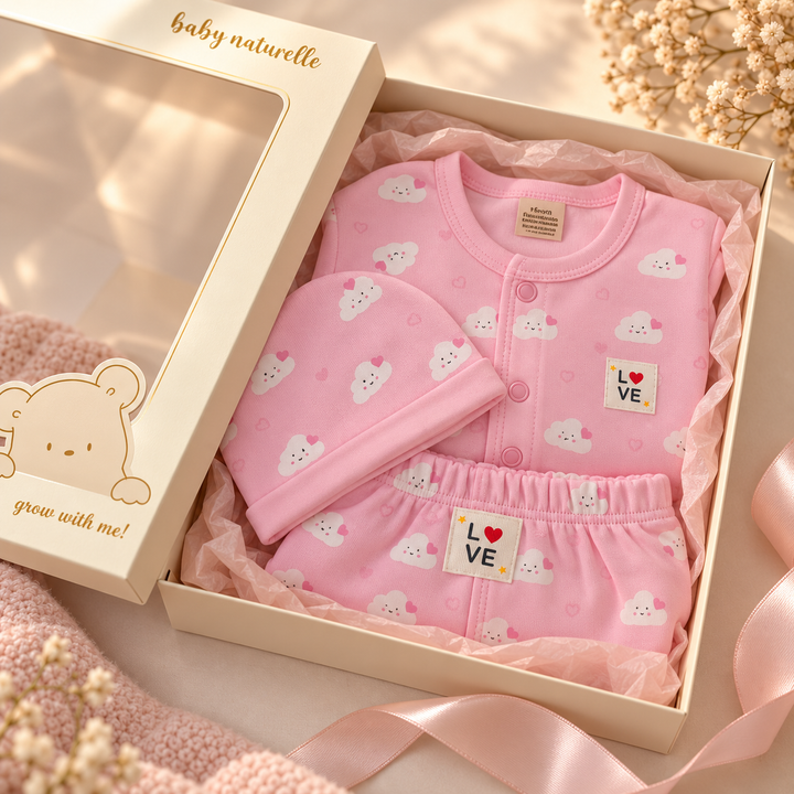 Baby Naturelle Cotton Knit Front Open Full Sleeves Co-ord T-Shirt & Pajama Suit with Cap - Pink
