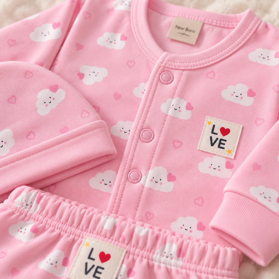 Baby Naturelle Cotton Knit Front Open Full Sleeves Co-ord T-Shirt & Pajama Suit with Cap - Pink