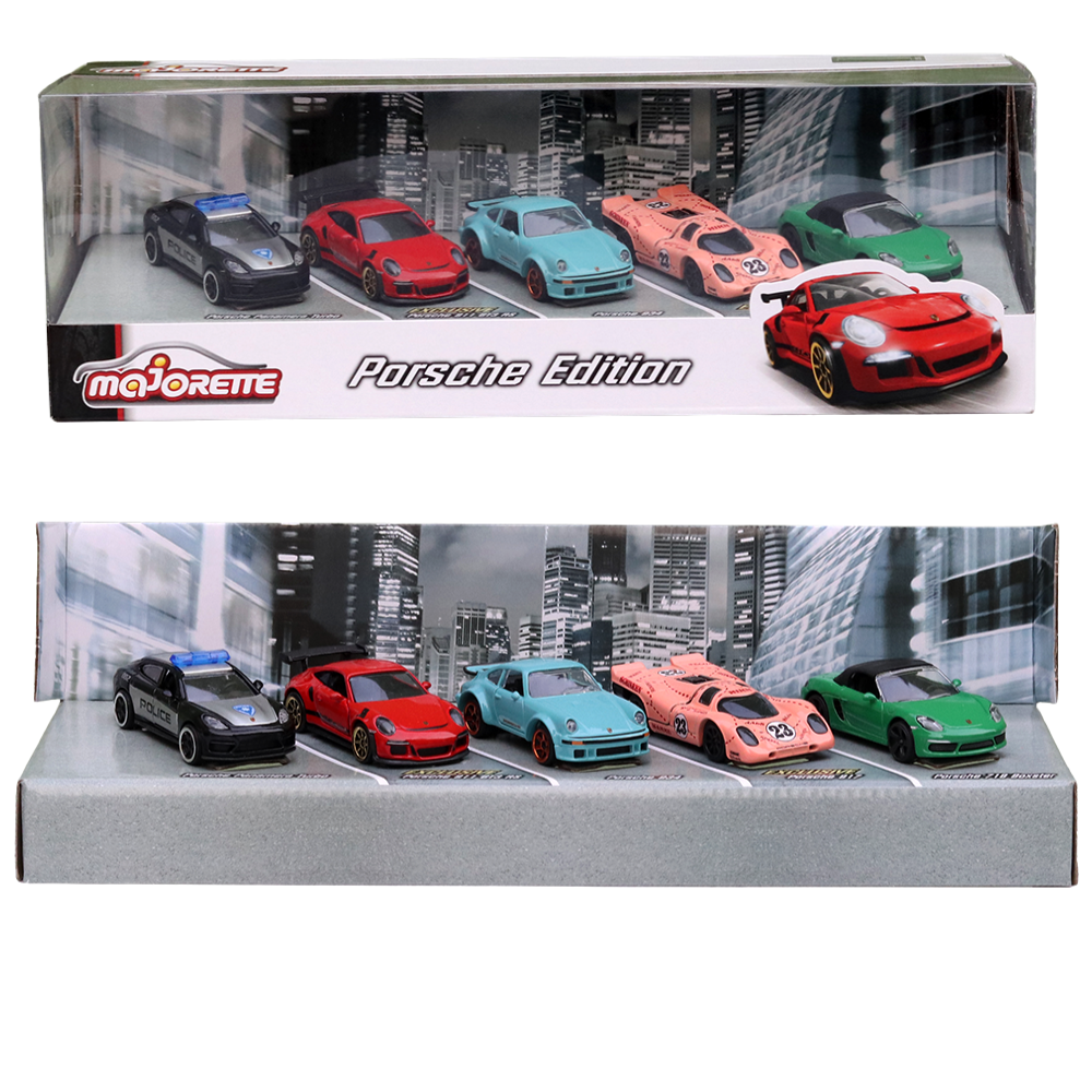 Set of Licensed Majorette Diecast Porsche Edition Porsche Panamera  Turbo, Porsche 911 GT3 RS, Porsche 934, Porsche 917, Porsche 718 Boxster