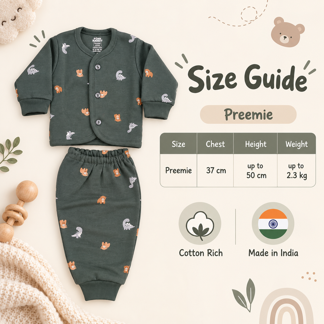 Pink Rabbit Preemie Cotton-Rich Knitted Full Sleeves Open-Front Vest & Pant Suit – 37 cm (Dark Green)