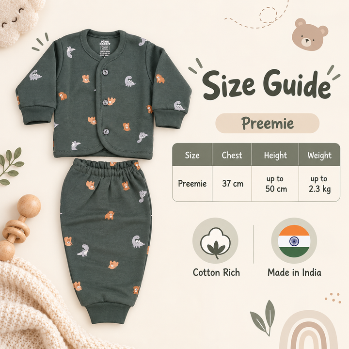 Pink Rabbit Preemie Cotton-Rich Knitted Full Sleeves Open-Front Vest & Pant Suit – 37 cm (Dark Green)