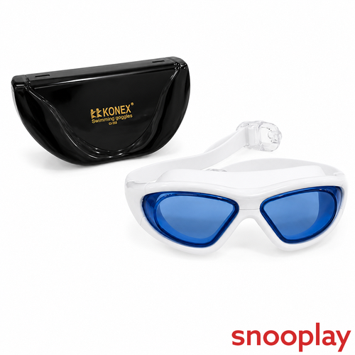 Konex Classic Swimming Goggles with Premium Box - UV Protected Lens | Anti-Fog & Anti-Leak | Blue & White