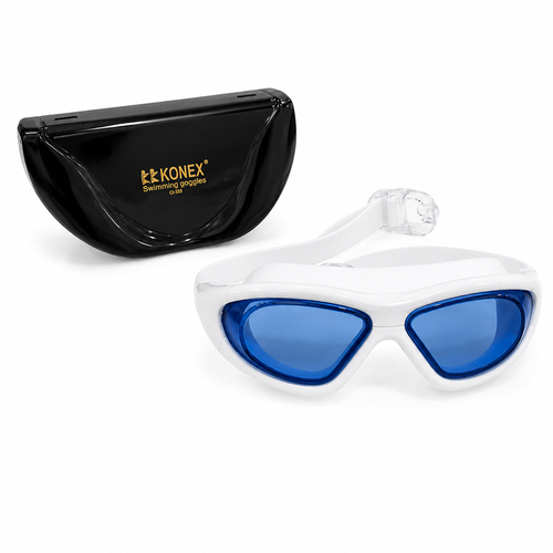 Konex Classic Swimming Goggles with Premium Box - UV Protected Lens | Anti-Fog & Anti-Leak | Blue & White