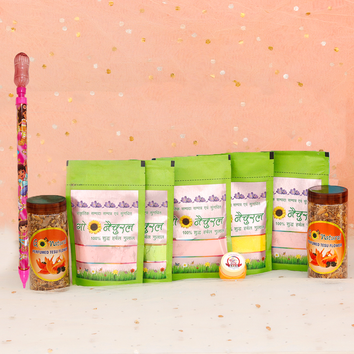 Premium Natural Holi Combo: 5 Go Natural Gulaal, 1 Pipe Pichkari, 2 Boxes of Tesu Flowers & 1 Chandan - 25g | Assorted Colors & Prints