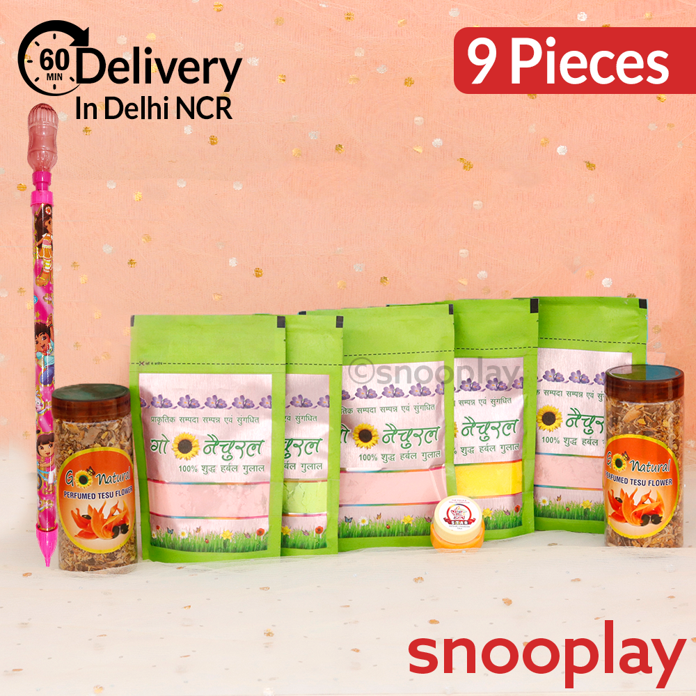 Premium Natural Holi Combo: 5 Go Natural Gulaal, 1 Pipe Pichkari, 2 Boxes of Tesu Flowers & 1 Chandan - 25g | Assorted Colors & Prints