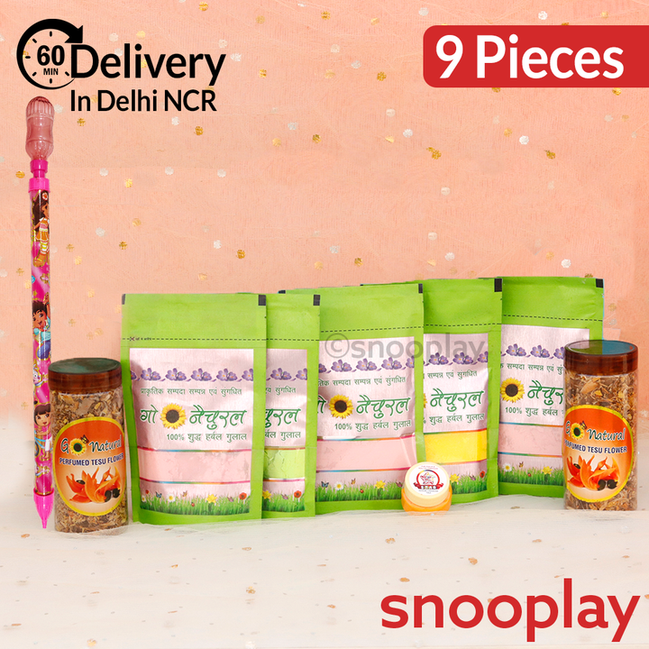 Premium Natural Holi Combo: 5 Go Natural Gulaal, 1 Pipe Pichkari, 2 Boxes of Tesu Flowers & 1 Chandan - 25g | Assorted Colors & Prints
