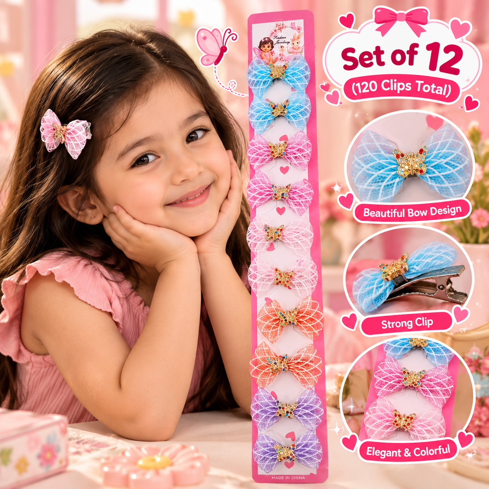 Set of 12 Net Bow Hair Clip Sets – 10 Pieces Each | Multicolour Butterfly-Decorated Hair Accessories for Girls | Kanjak Special
