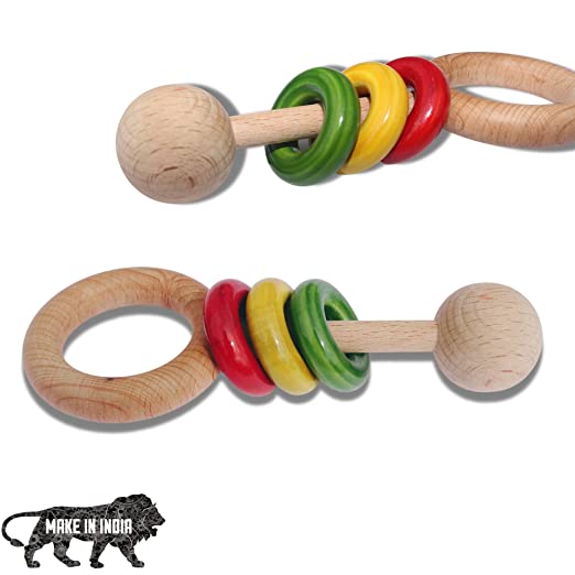 Wooden Handcrafted Baby Rattle 3 rings Toy for Kids Vegetable Colored safe