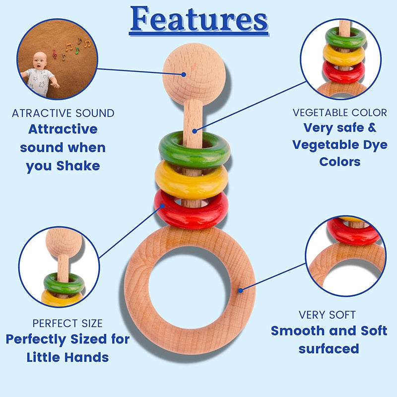 Wooden Handcrafted Baby Rattle 3 rings Toy for Kids Vegetable Colored safe