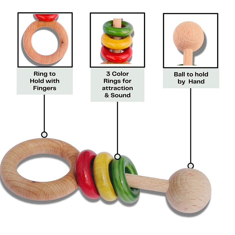 Wooden Handcrafted Baby Rattle 3 rings Toy for Kids Vegetable Colored safe