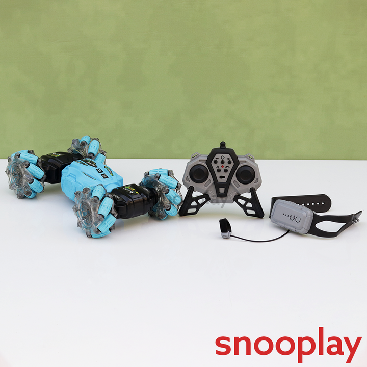 Double Sided 360° Rotating Stunt Toy Car with Remote & Wrist Watch | Light & Sound (5-10 Years)
