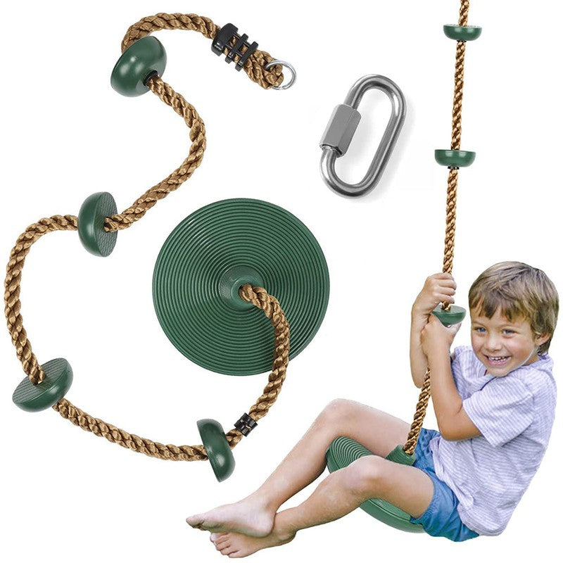 Platforms Disc Tree Swing Seat and Climbing Knot Rope with Carabiner Hook - Green